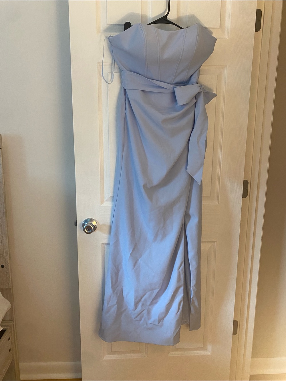 Revelry Strapless Pale Blue Evening Gown with Waist Sash